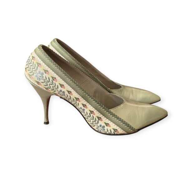 Vintage I. Miller Pumps 7.5B –Green Pearlized Leather & Floral Tapestry, 1950s - Picture 5 of 15